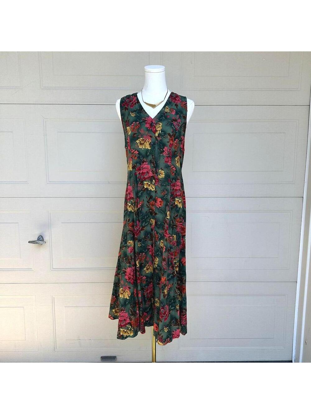 Vintage 90s Sleeveless Tie Back Floral Button-Up Maxi Dress (L)